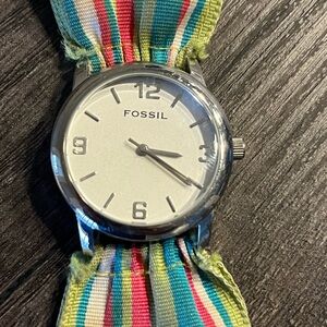 Vintage Fossil Women's Wrist Watch Wide Striped Ribbon Pearl Snap Band Colorful